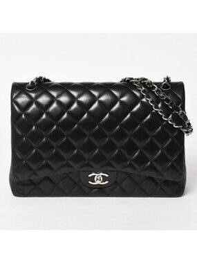 Chanel Maxi Quilted 33 Double Flap Chain Shoulder Bag CC Logo Lambskin Black